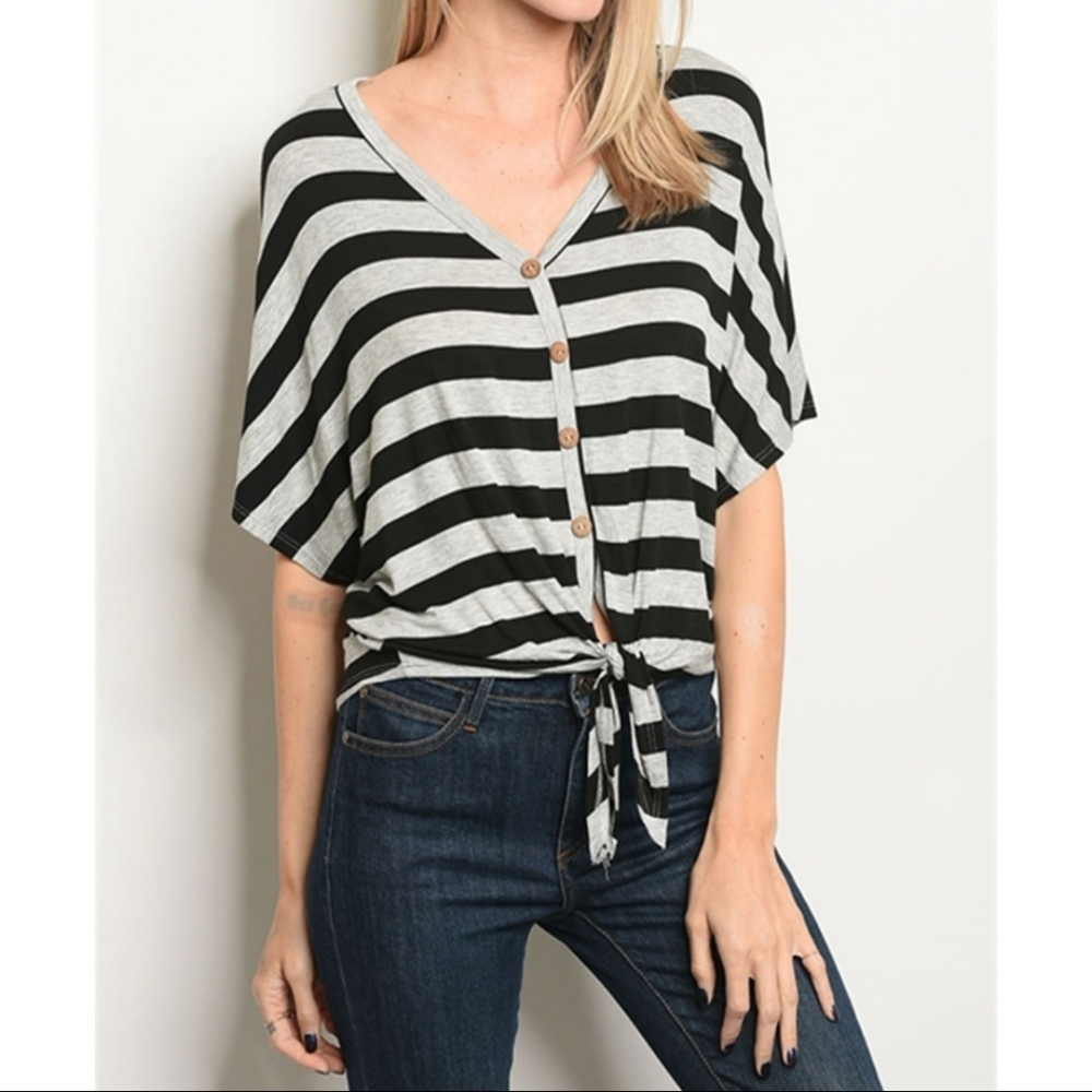 Black/Gray Stripes V Neck Front Tie Blouse